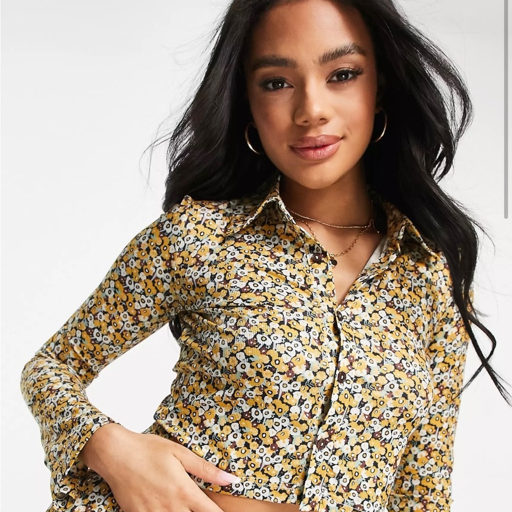 ASOS wild lovers retro floral printed button up crop long sleeve top S